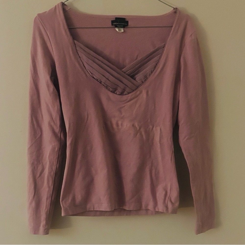 MODA INTERNATIONAL Pleated V-Neck Long Sleeve Top, Dusty Rose, Small, EUC PM-33